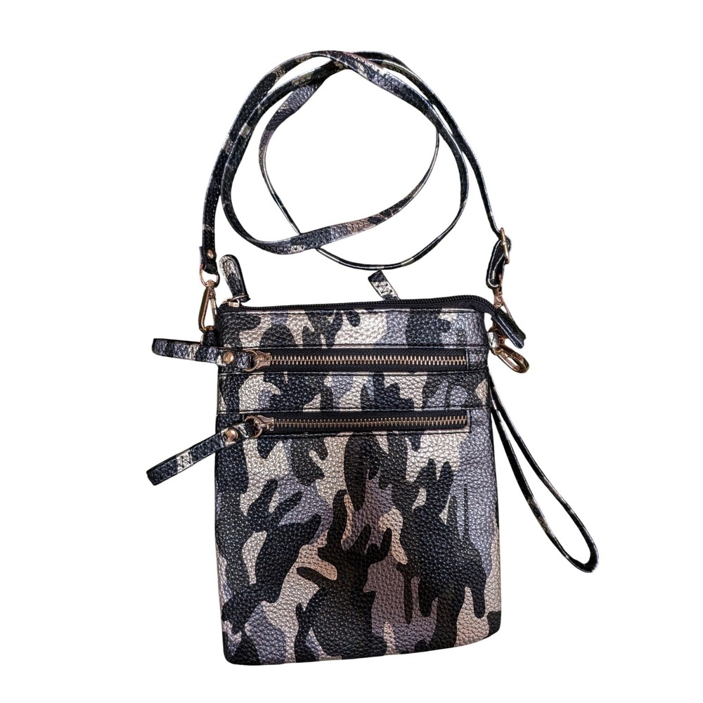 Metallic Camouflage Crossbody Bag Black Silver Camo Small Multi Zip Purse
